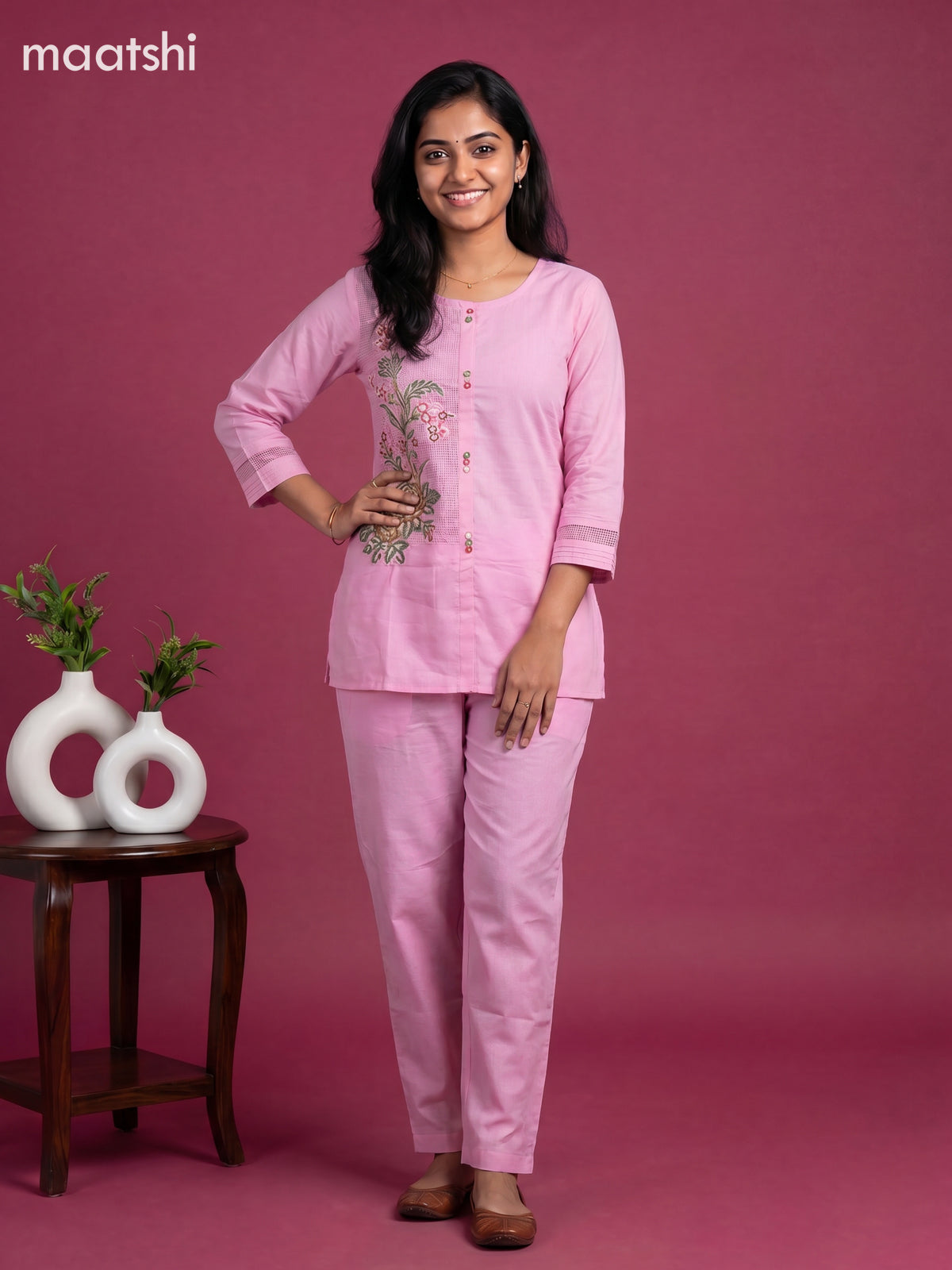 Pink Linen Cotton Floral Embroidery Work Co-Ord Set