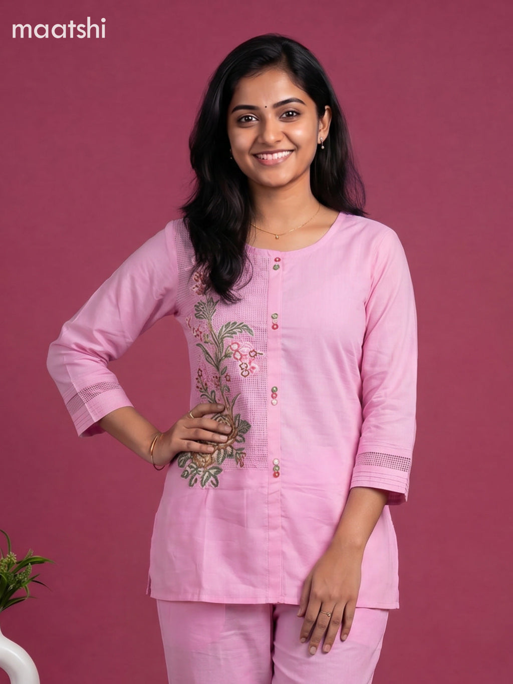 Pink Linen Cotton Floral Embroidery Work Co-Ord Set
