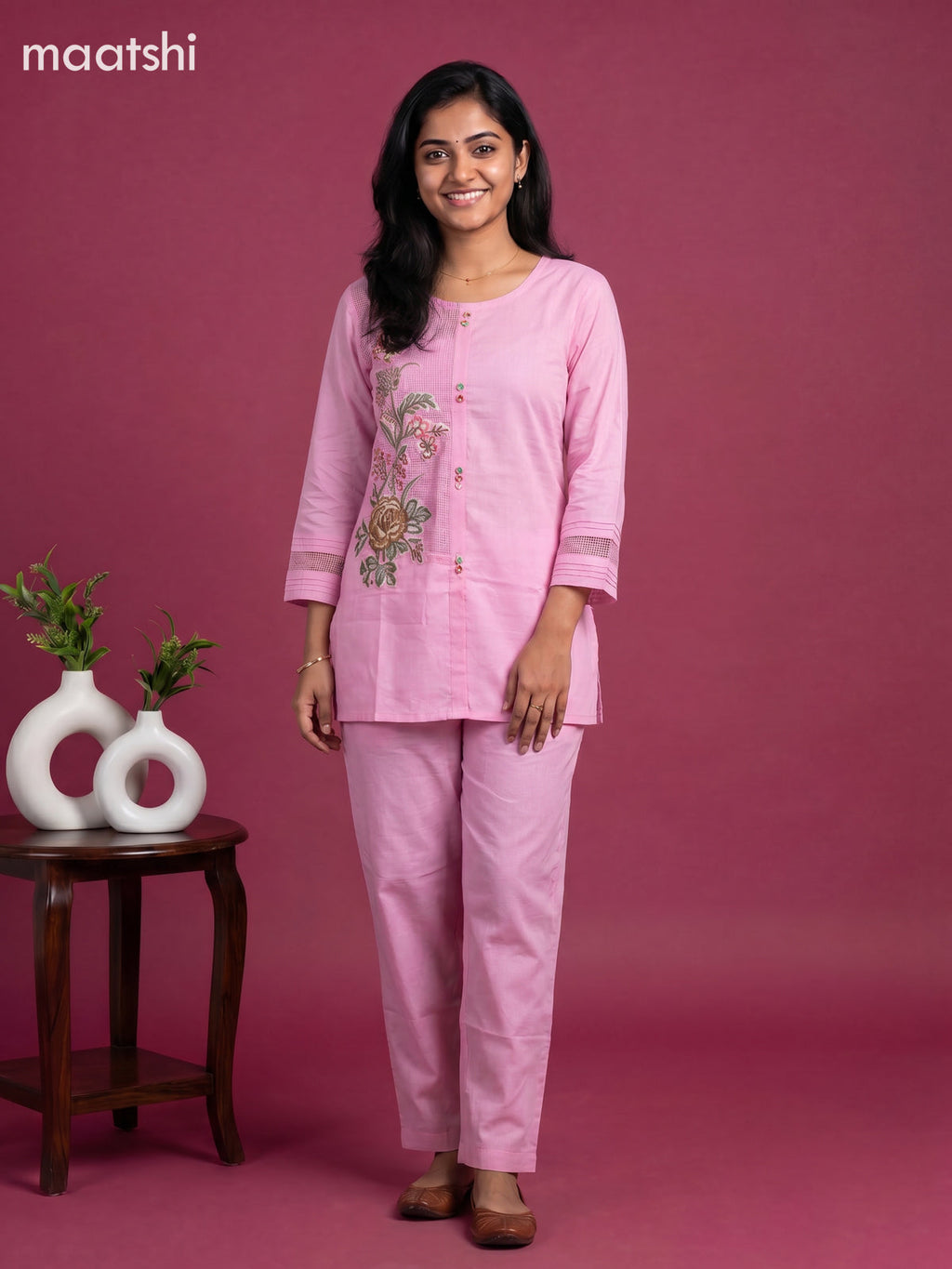 Pink Linen Cotton Floral Embroidery Work Co-Ord Set