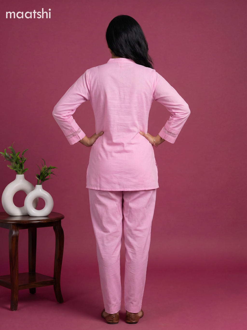 Pink Linen Cotton Floral Embroidery Work Co-Ord Set