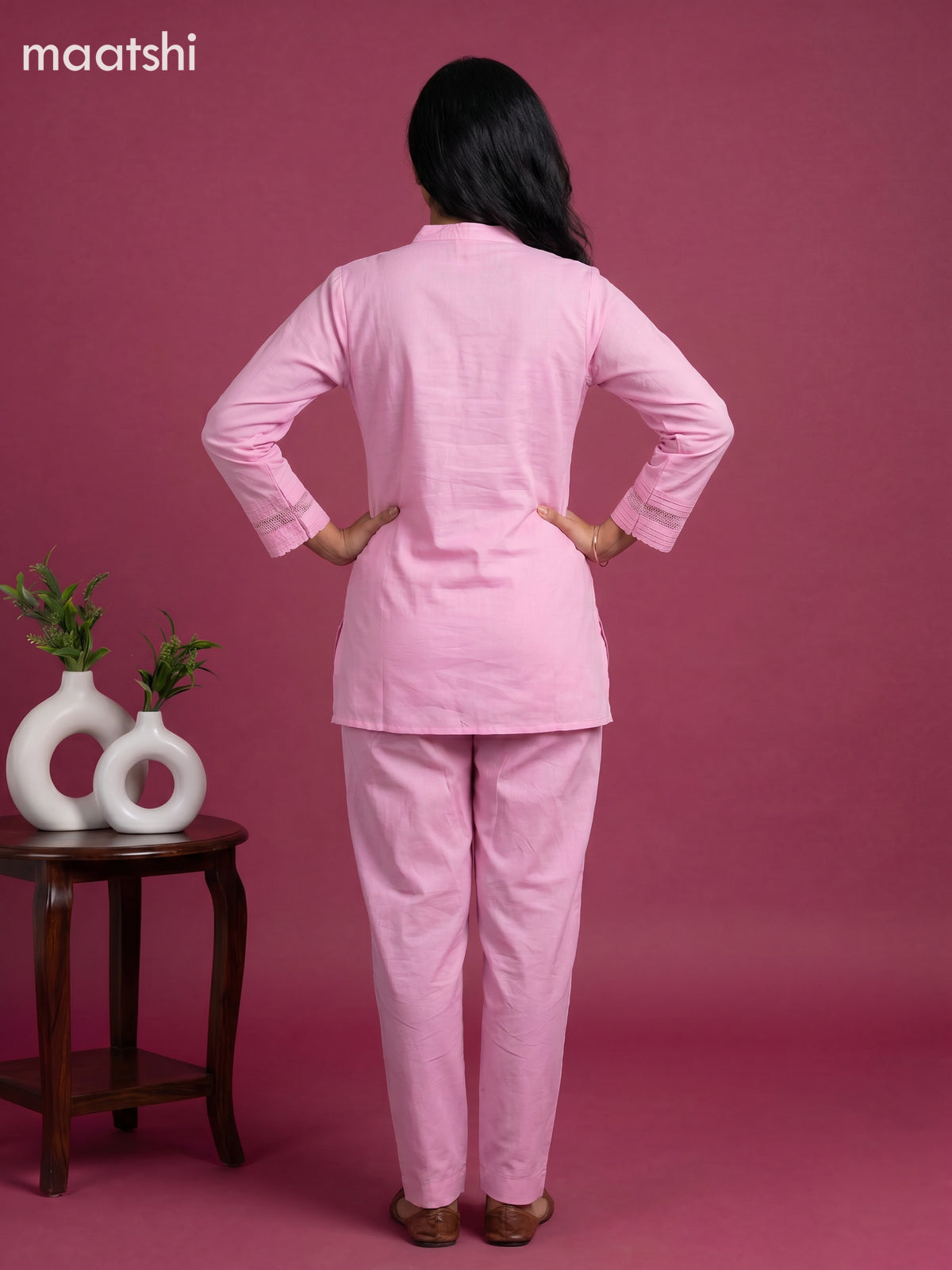 Pink Linen Cotton Floral Embroidery Work Co-Ord Set