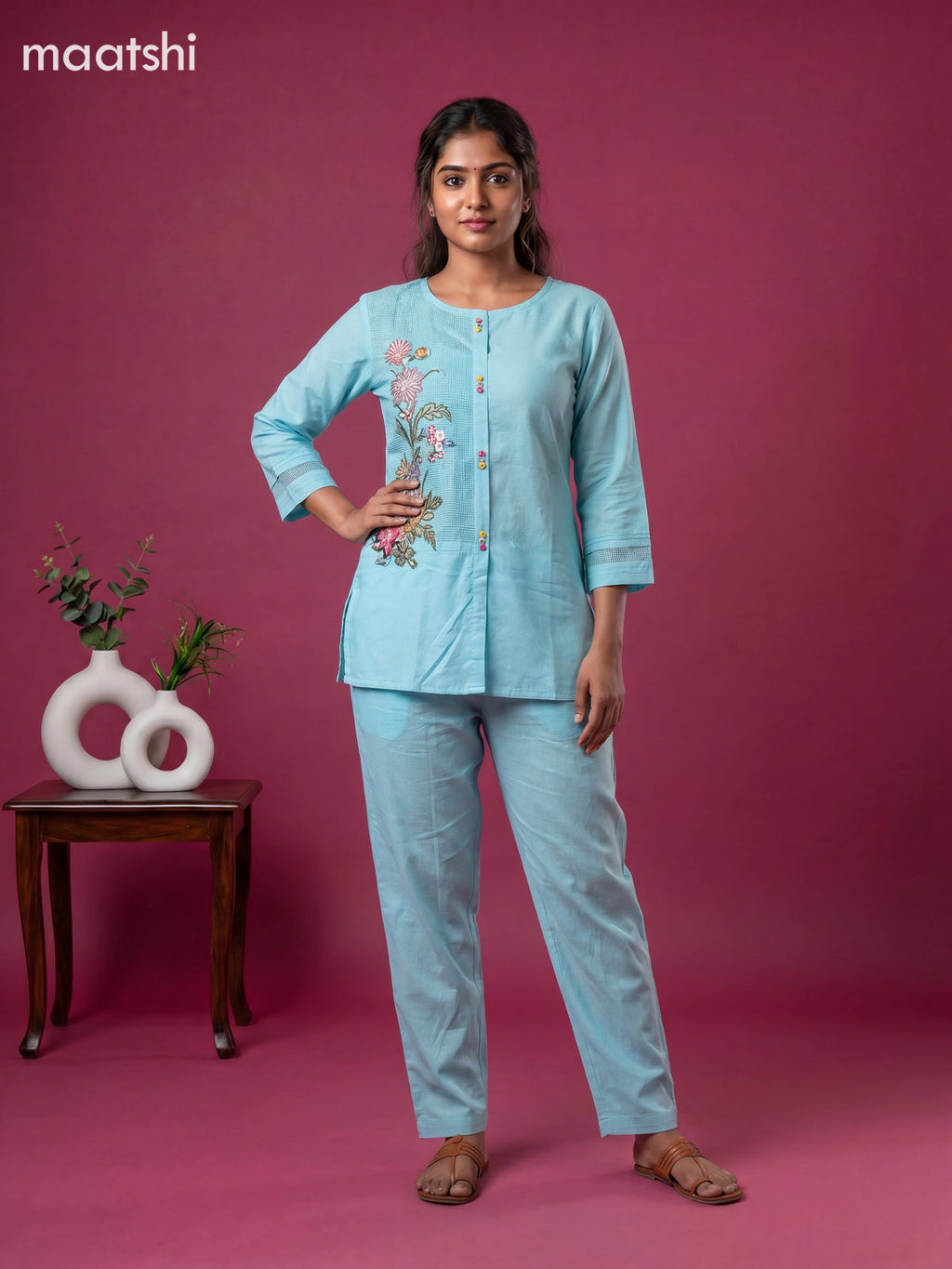 Teal Blue Linen Cotton Floral Embroidery Work Co-Ord Set