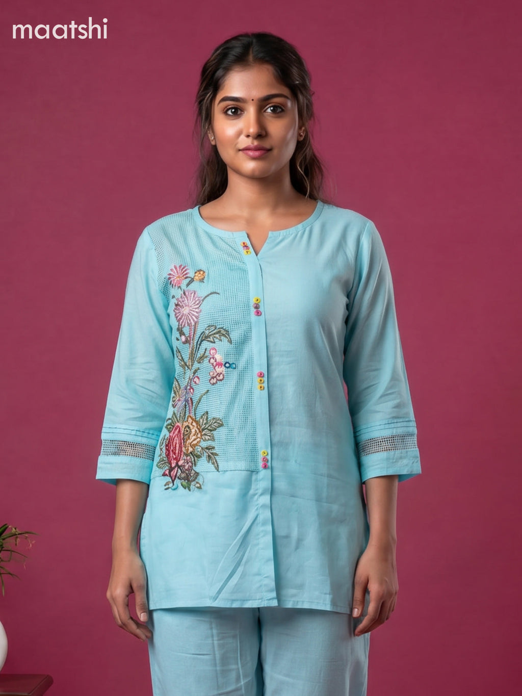 Teal Blue Linen Cotton Floral Embroidery Work Co-Ord Set