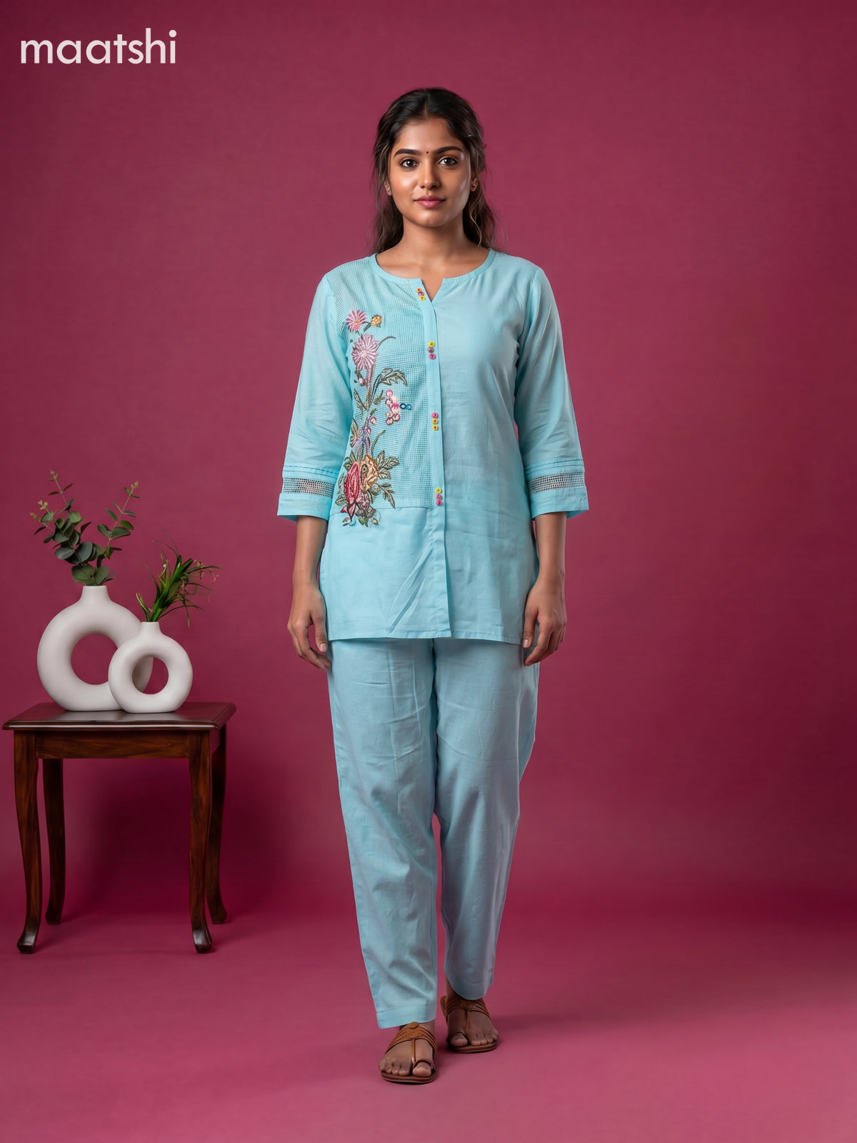 Teal Blue Linen Cotton Floral Embroidery Work Co-Ord Set