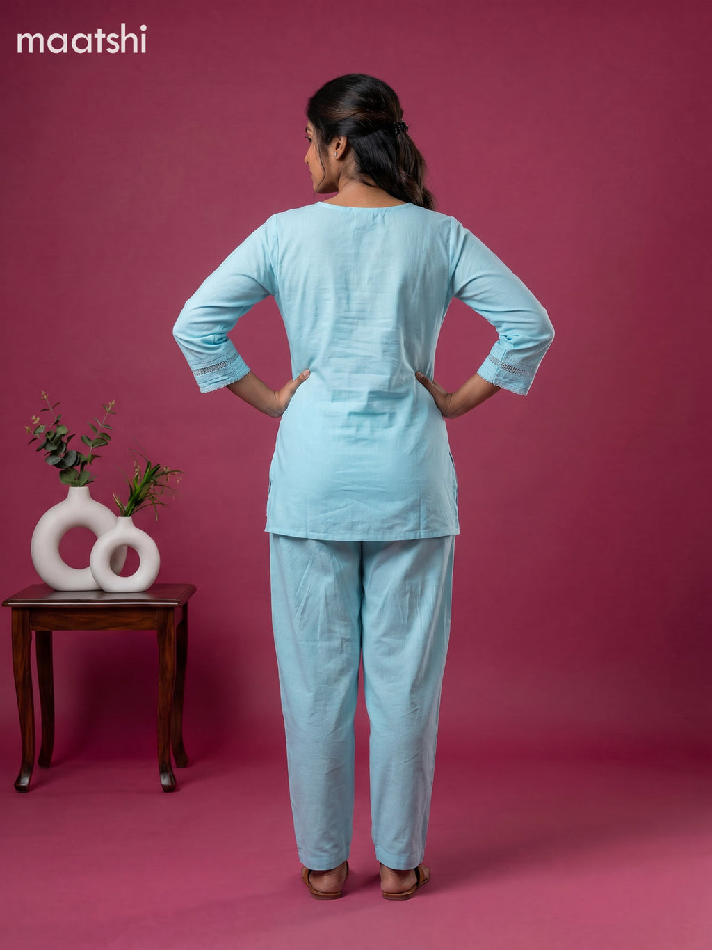 Teal Blue Linen Cotton Floral Embroidery Work Co-Ord Set