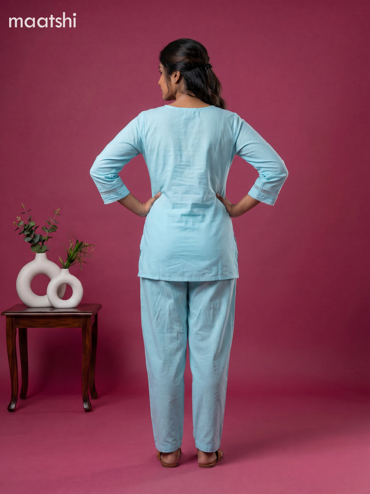 Teal Blue Linen Cotton Floral Embroidery Work Co-Ord Set