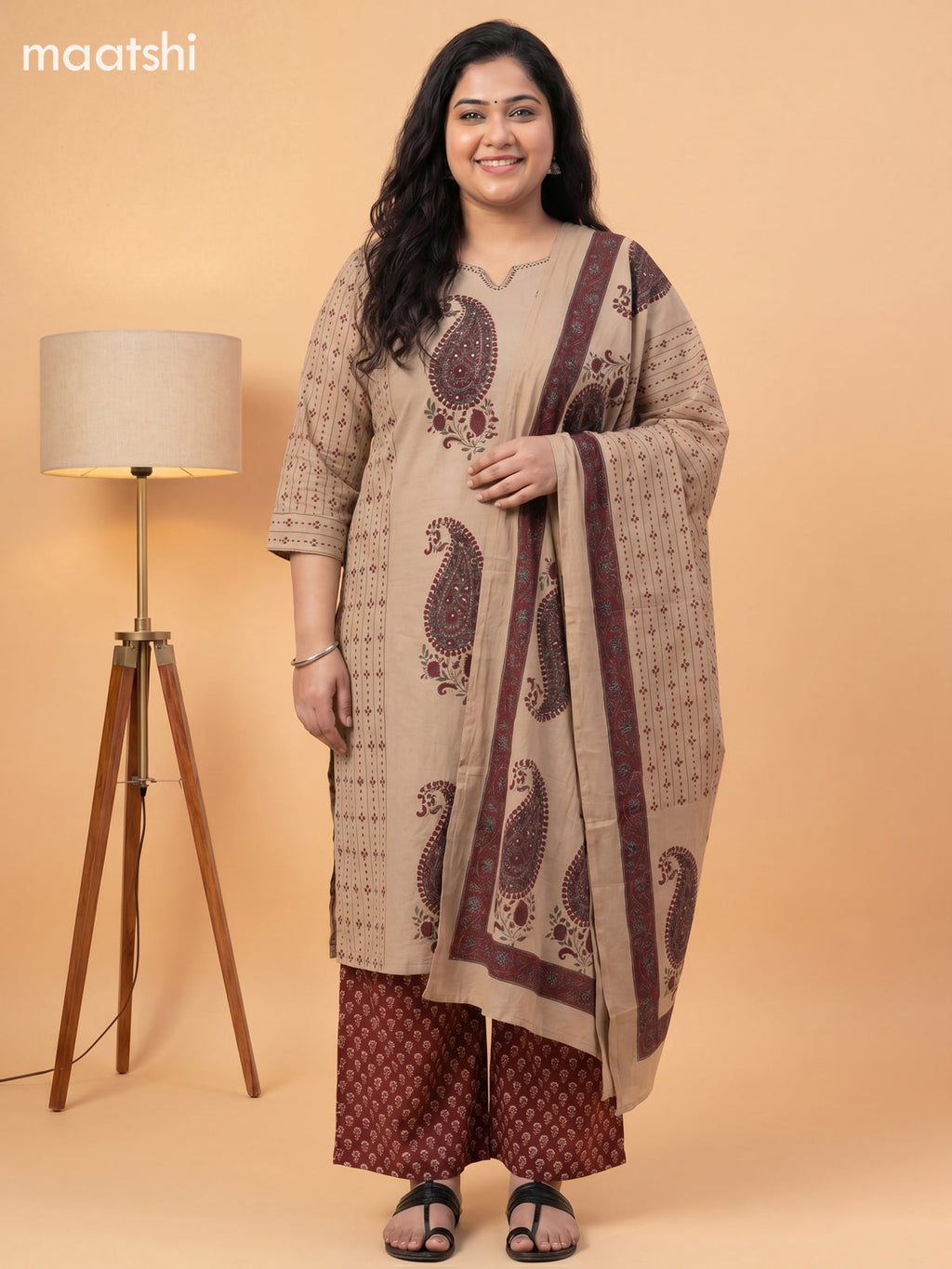 Beige and Maroon Cotton Printed Embroidery Work Salwar Suits