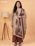 Beige and Maroon Cotton Printed Embroidery Work Salwar Suits