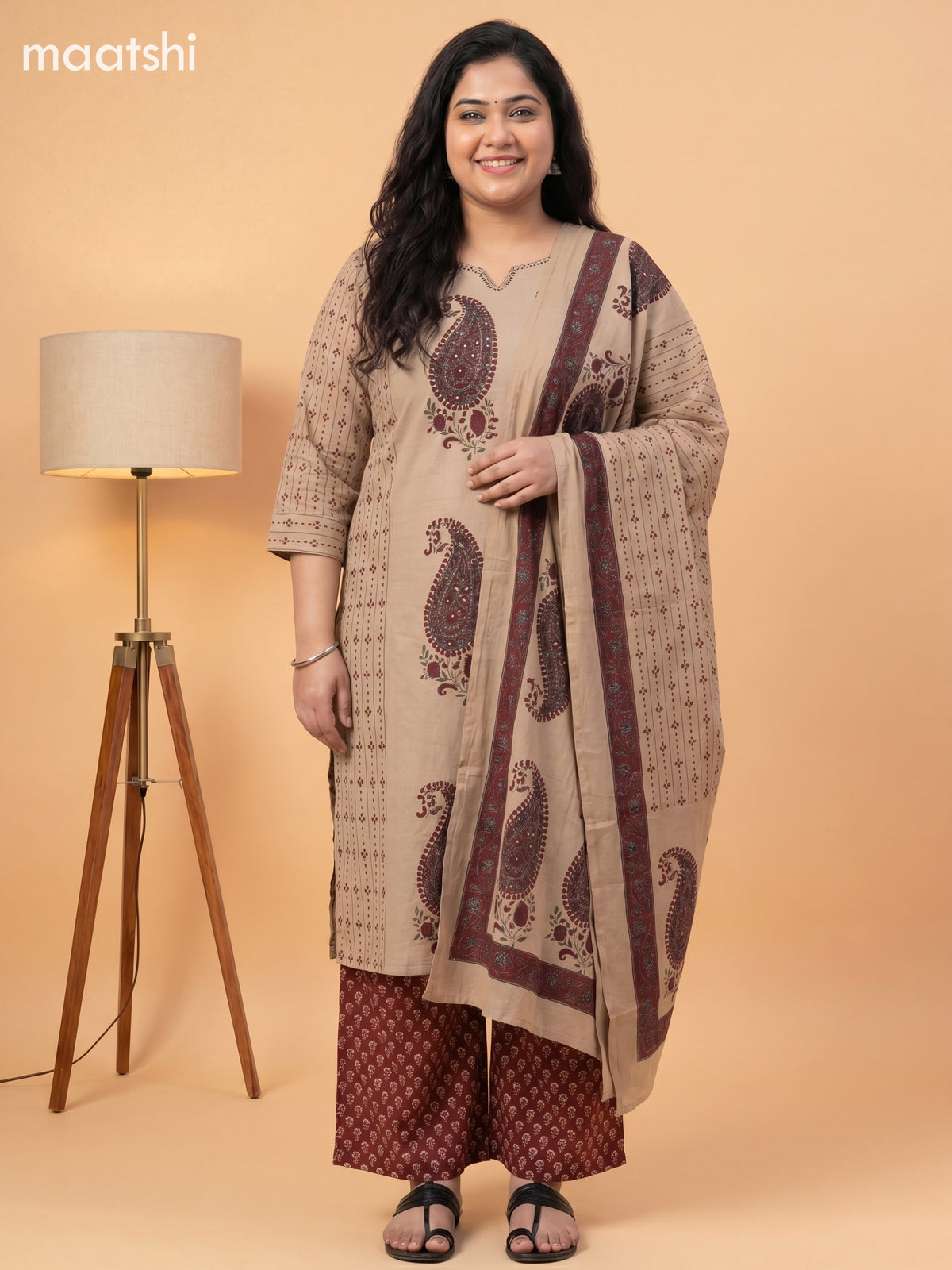Beige and Maroon Cotton Printed Embroidery Work Salwar Suits