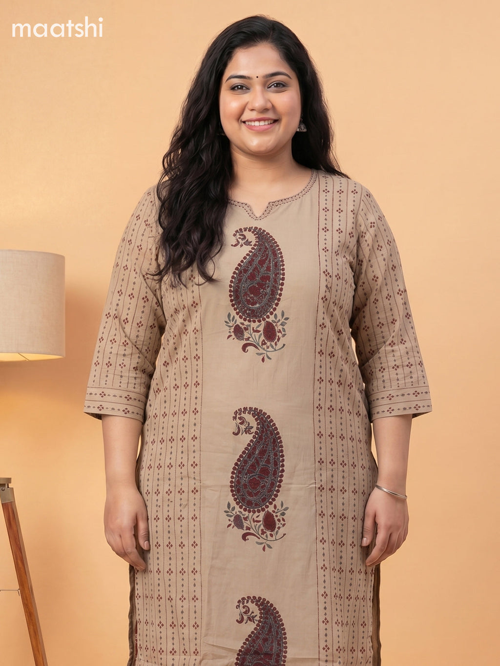 Beige and Maroon Cotton Printed Embroidery Work Salwar Suits