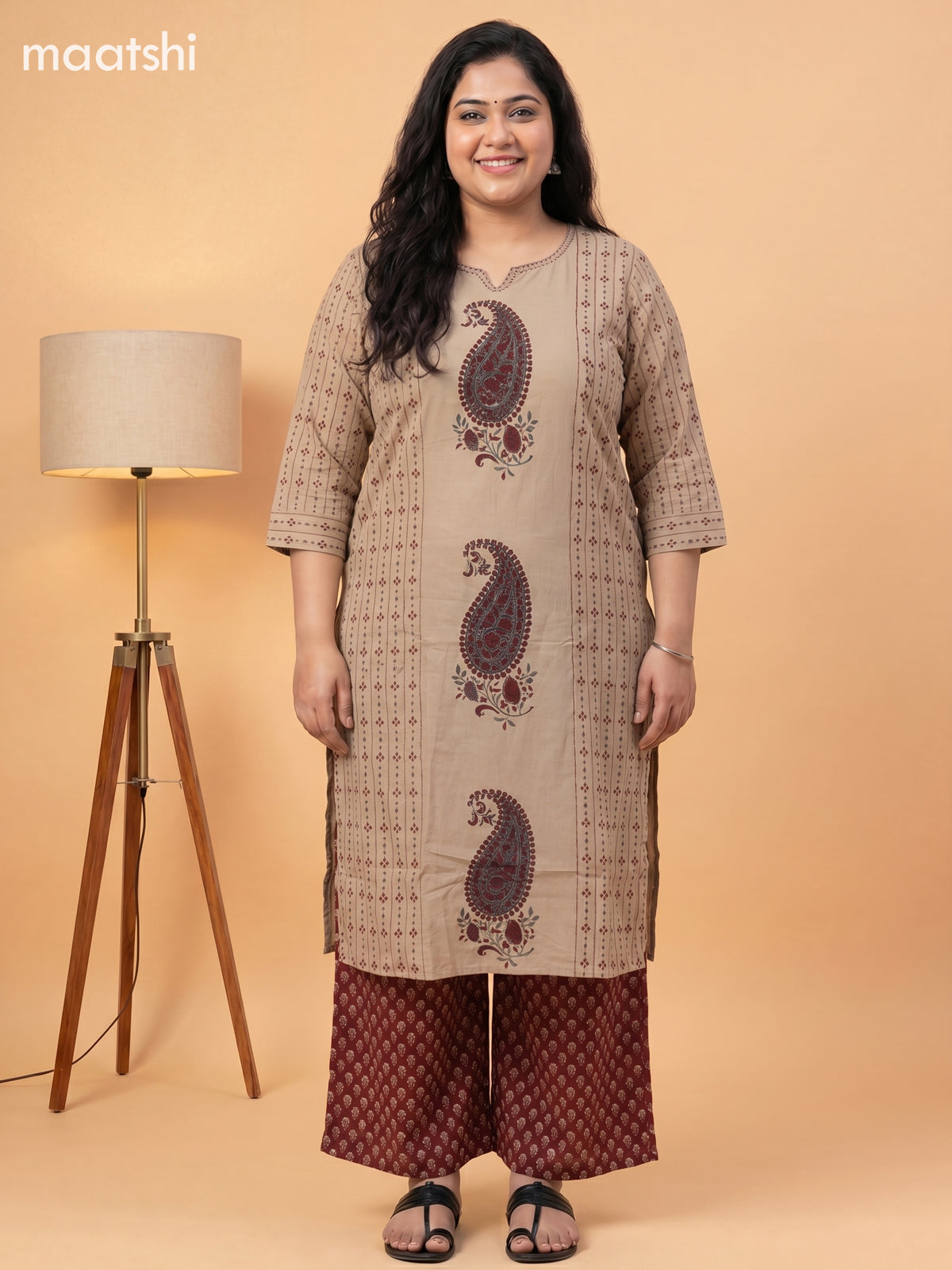 Beige and Maroon Cotton Printed Embroidery Work Salwar Suits