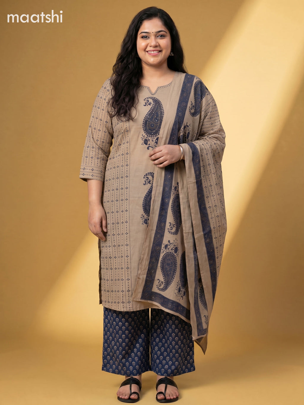 Beige and Blue Cotton Printed Embroidery Work Salwar Suits