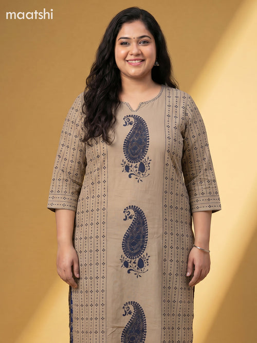 Beige and Blue Cotton Printed Embroidery Work Salwar Suits