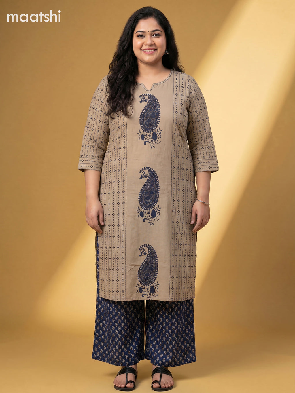 Beige and Blue Cotton Printed Embroidery Work Salwar Suits