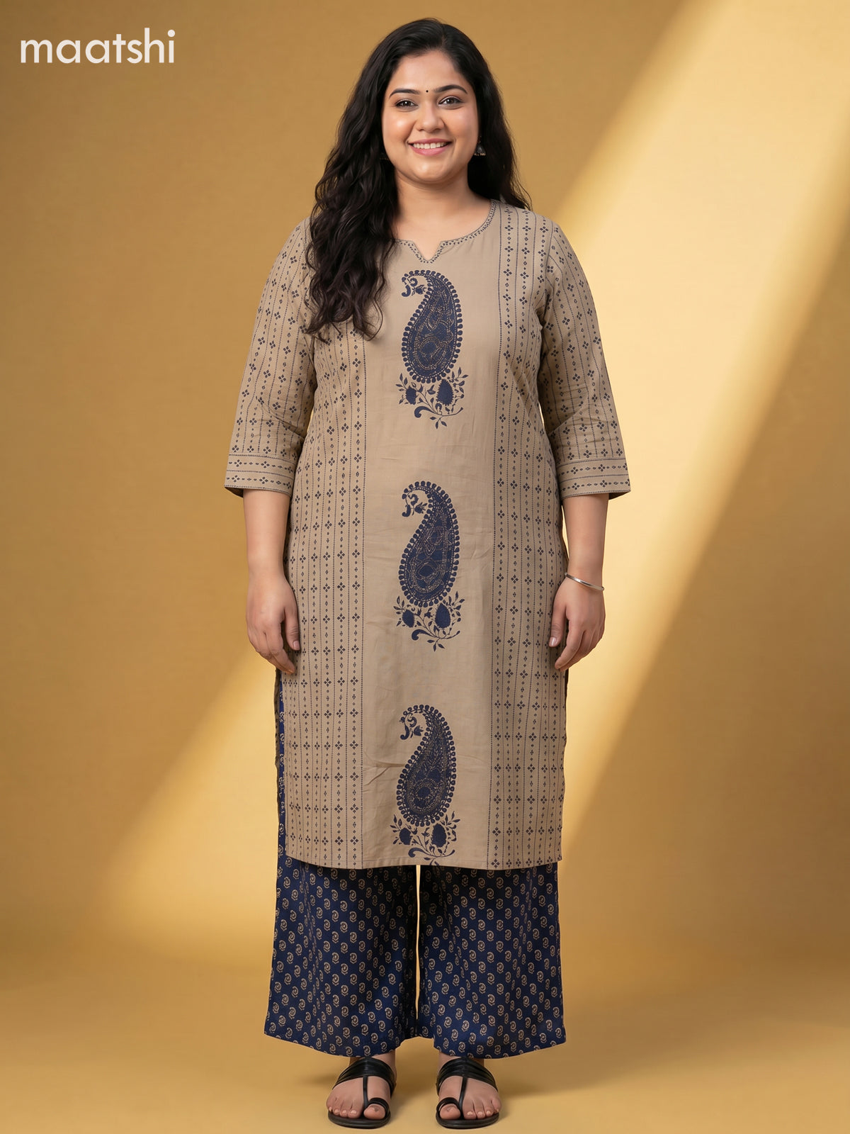 Beige and Blue Cotton Printed Embroidery Work Salwar Suits
