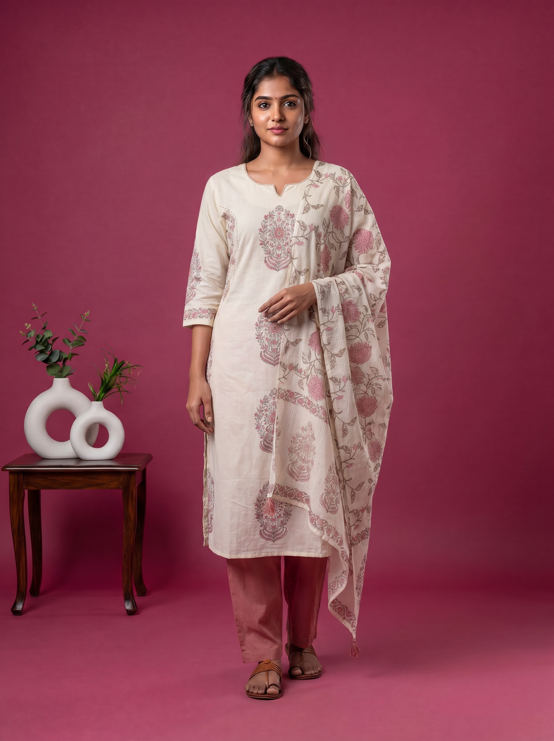 Cream and Peach Cotton Printed Embroidery Work Salwar Suits
