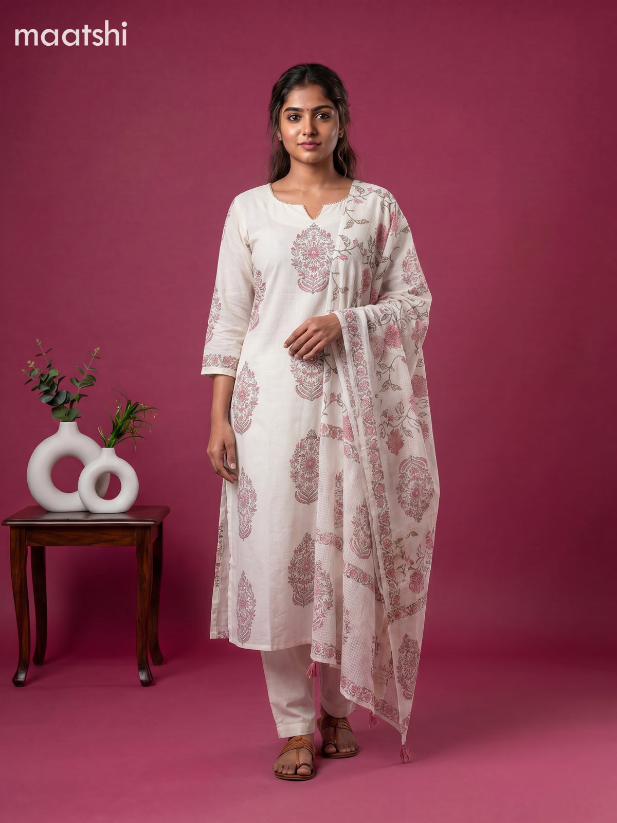 Cream and Peach Cotton Printed Embroidery Work Salwar Suits