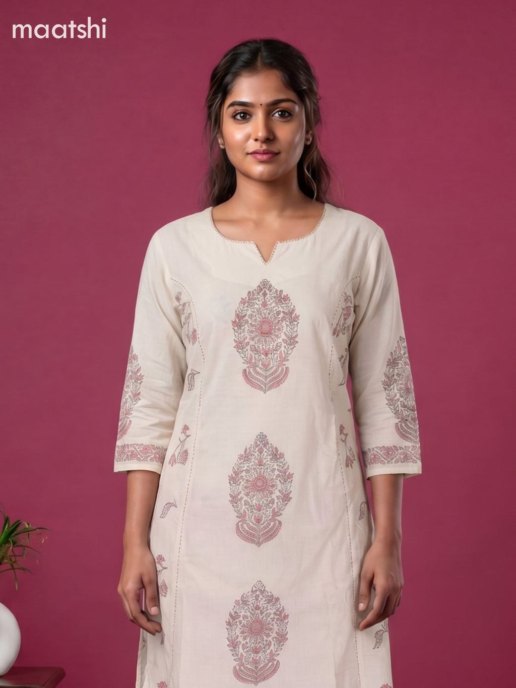 Cream and Peach Cotton Printed Embroidery Work Salwar Suits