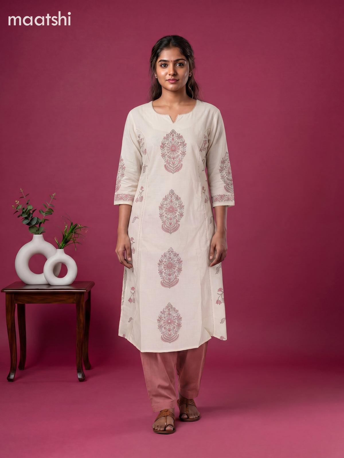 Cream and Peach Cotton Printed Embroidery Work Salwar Suits