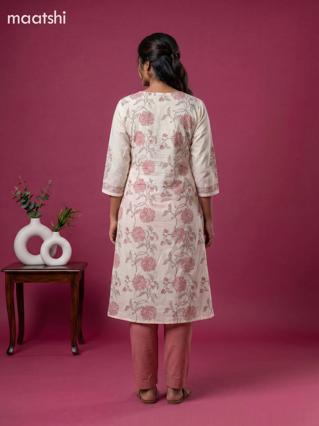 Cream and Peach Cotton Printed Embroidery Work Salwar Suits