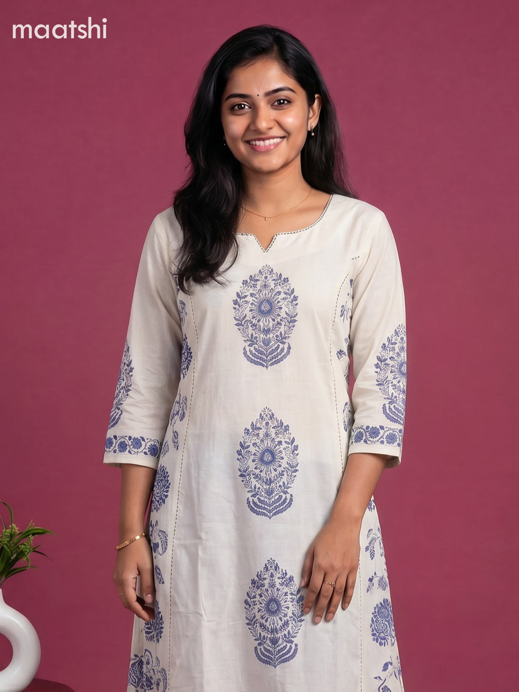 Cream and Blue Cotton Printed Embroidery Work Salwar Suits