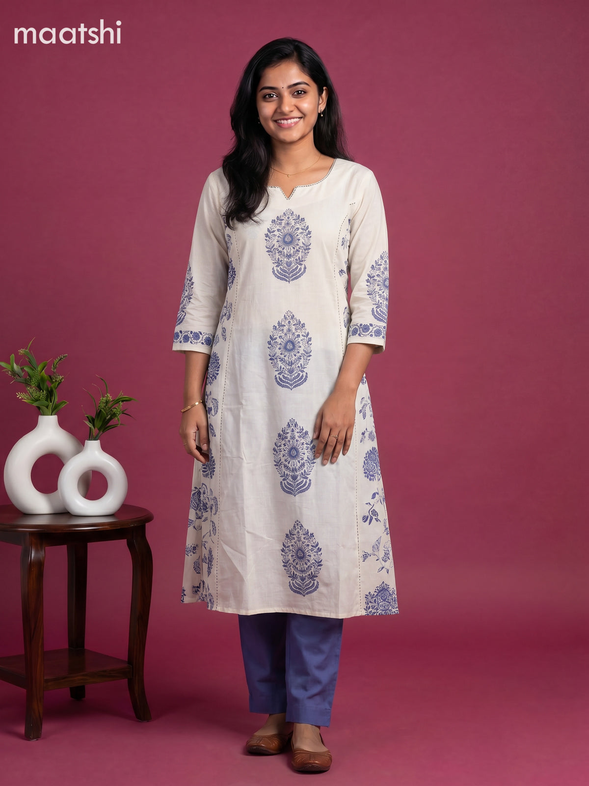 Cream and Blue Cotton Printed Embroidery Work Salwar Suits