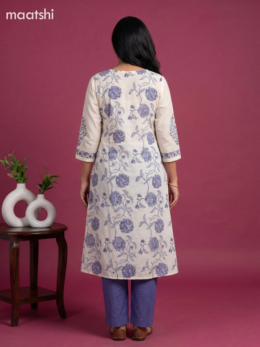 Cream and Blue Cotton Printed Embroidery Work Salwar Suits