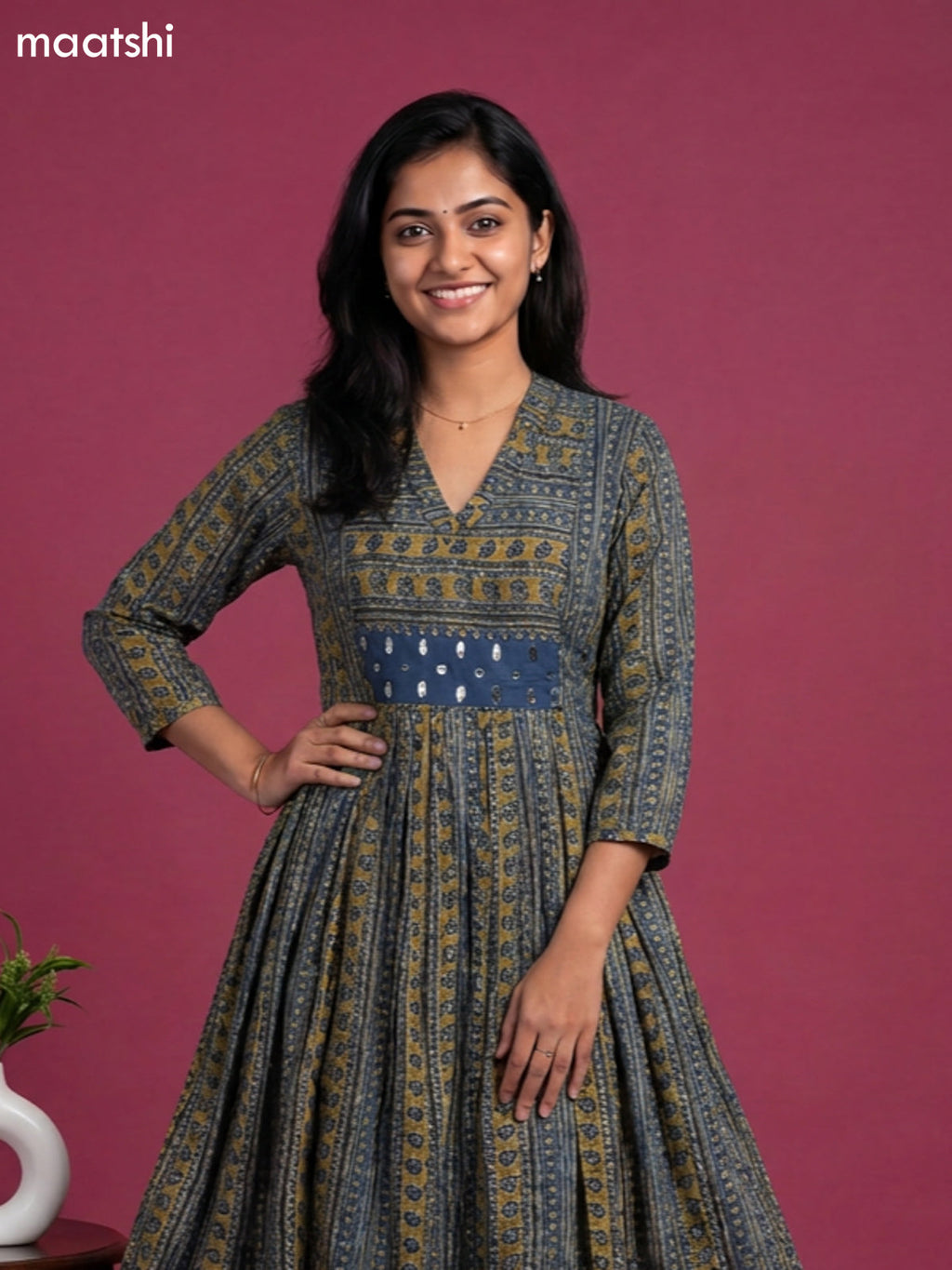 Dark Blue and Mehandi Green Cotton Printed Anarkali Suit