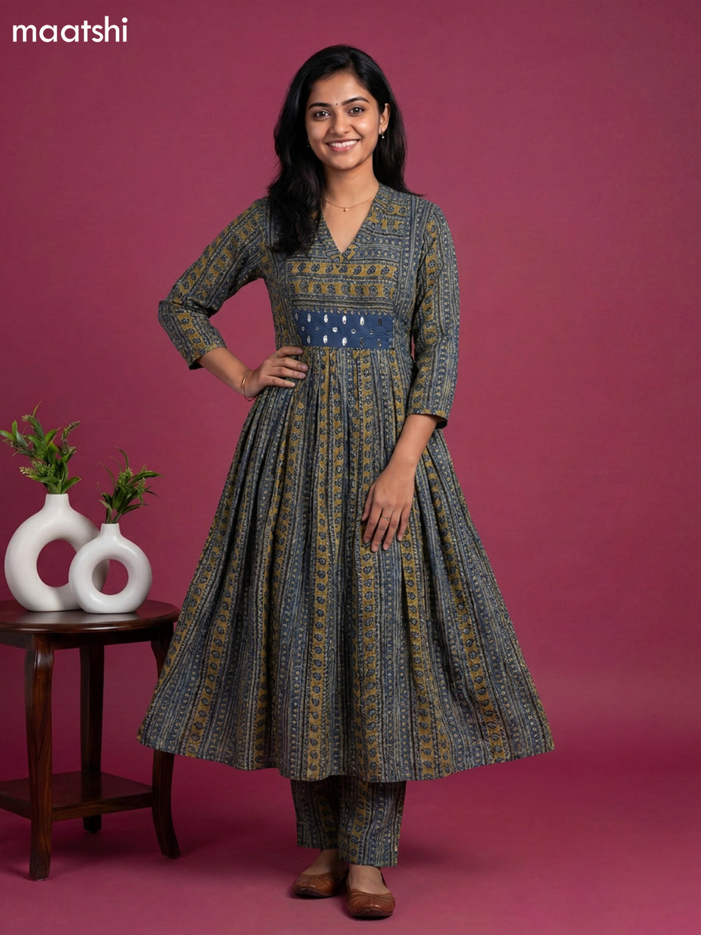 Dark Blue and Mehandi Green Cotton Printed Anarkali Suit
