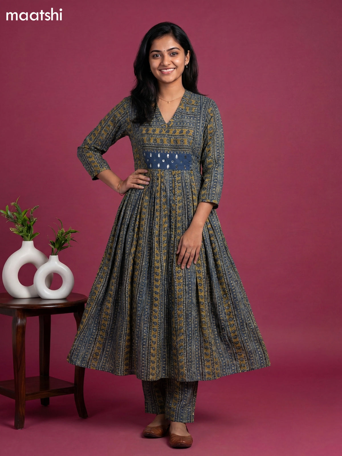 Dark Blue and Mehandi Green Cotton Printed Anarkali Suit