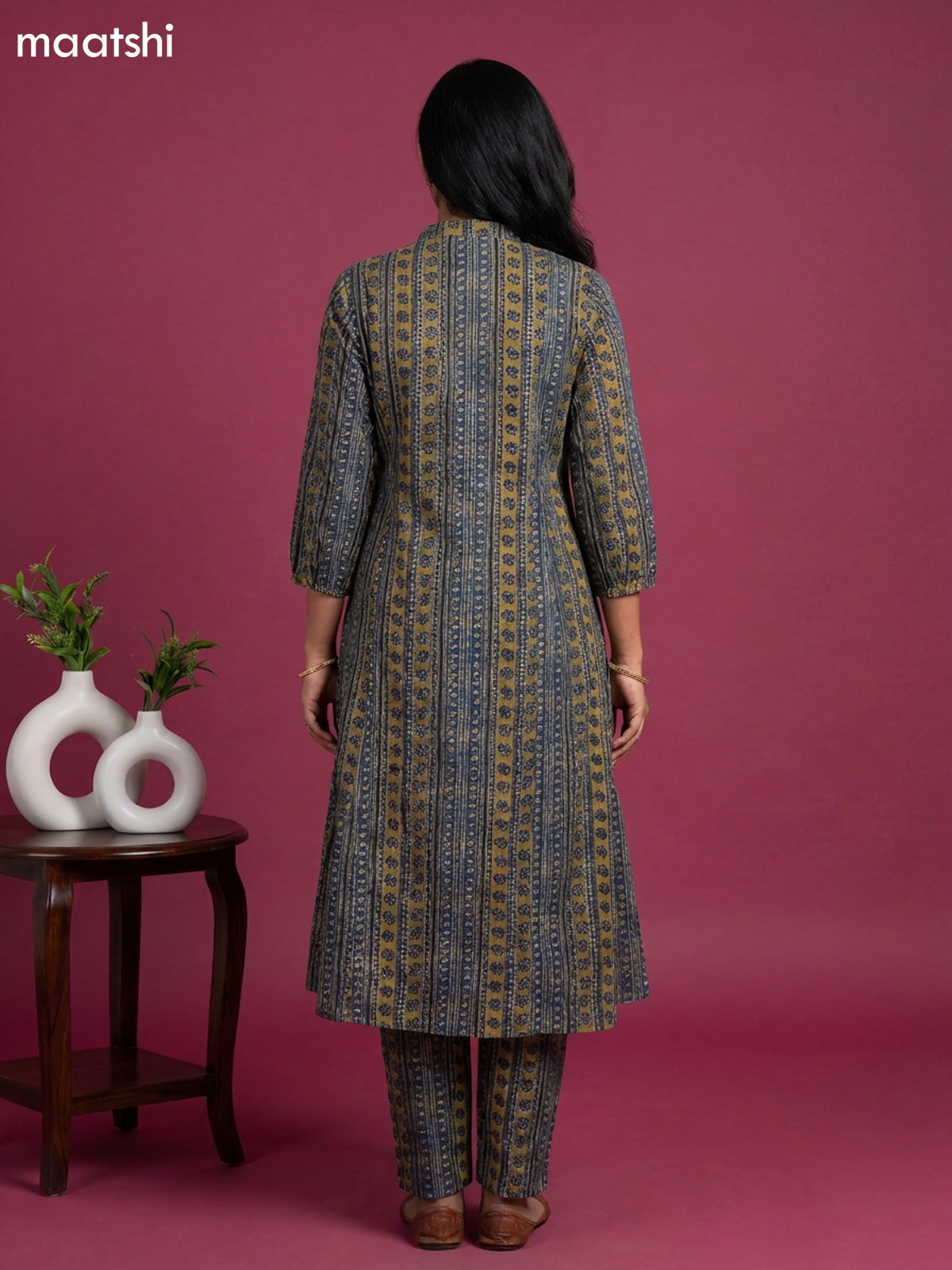 Dark Blue and Mehandi Green Cotton Printed Anarkali Suit