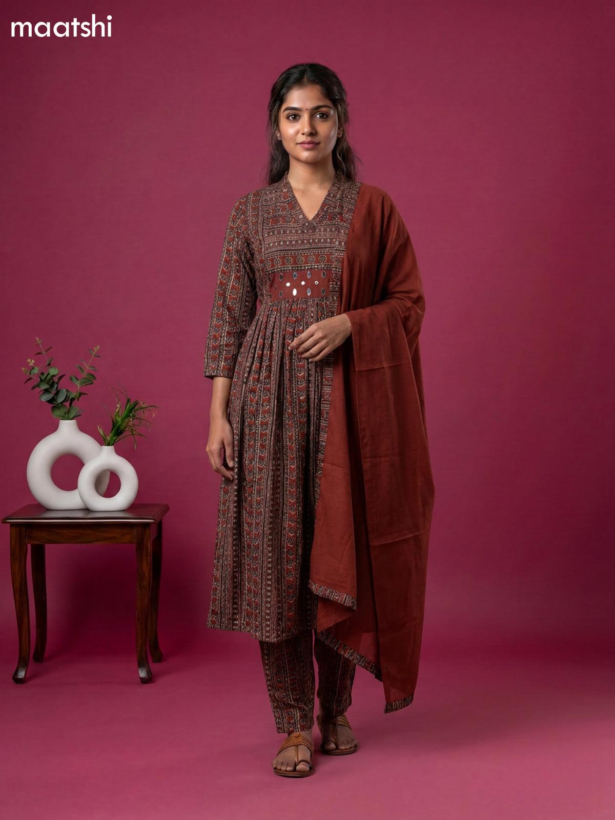 Brown and Black Cotton Printed Anarkali Suit