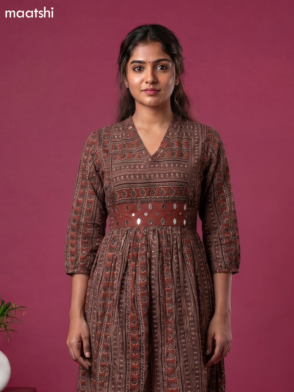 Brown and Black Cotton Printed Anarkali Suit