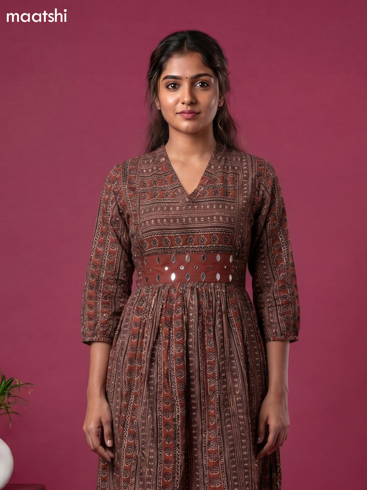 Brown and Black Cotton Printed Anarkali Suit