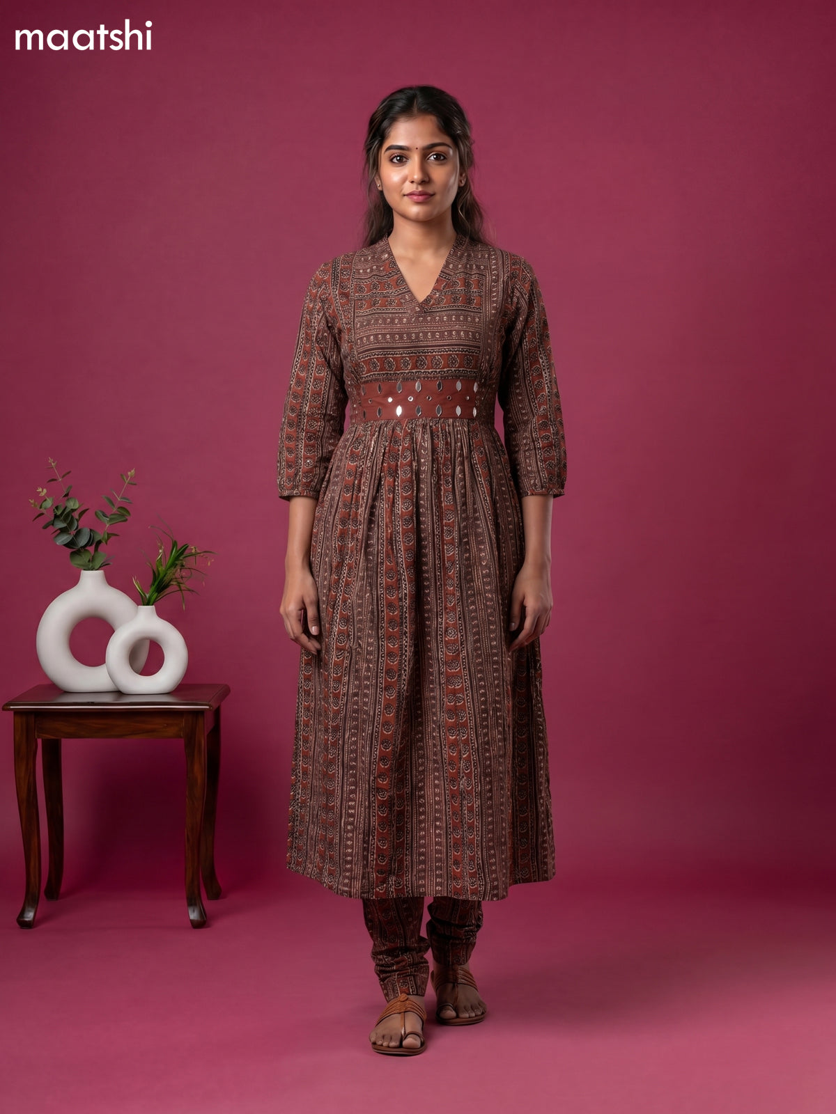 Brown and Black Cotton Printed Anarkali Suit