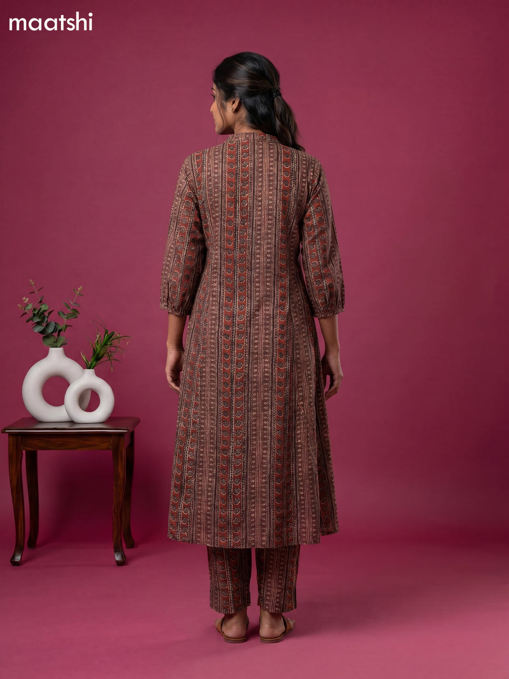 Brown and Black Cotton Printed Anarkali Suit
