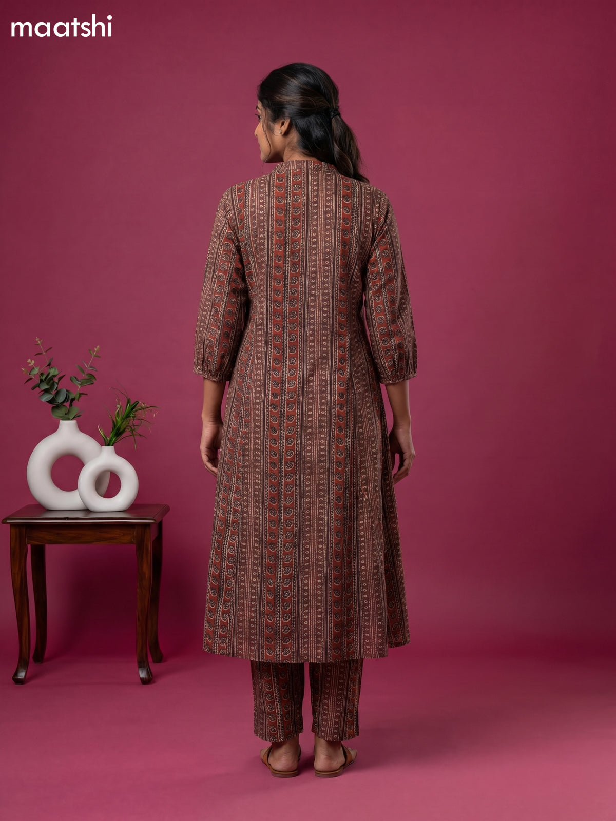 Brown and Black Cotton Printed Anarkali Suit