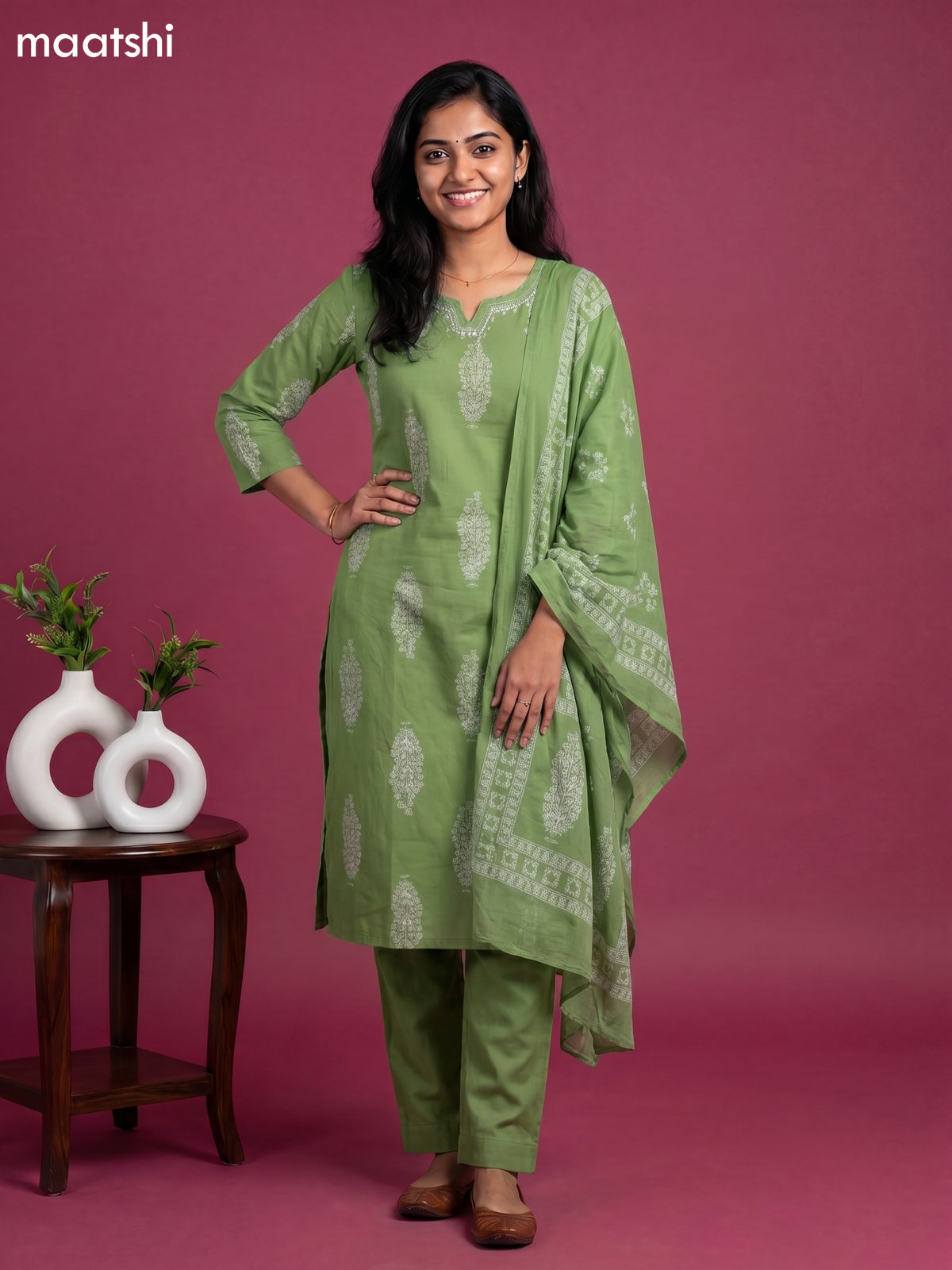 Pastel Green Cotton Floral Printed Straight Suit