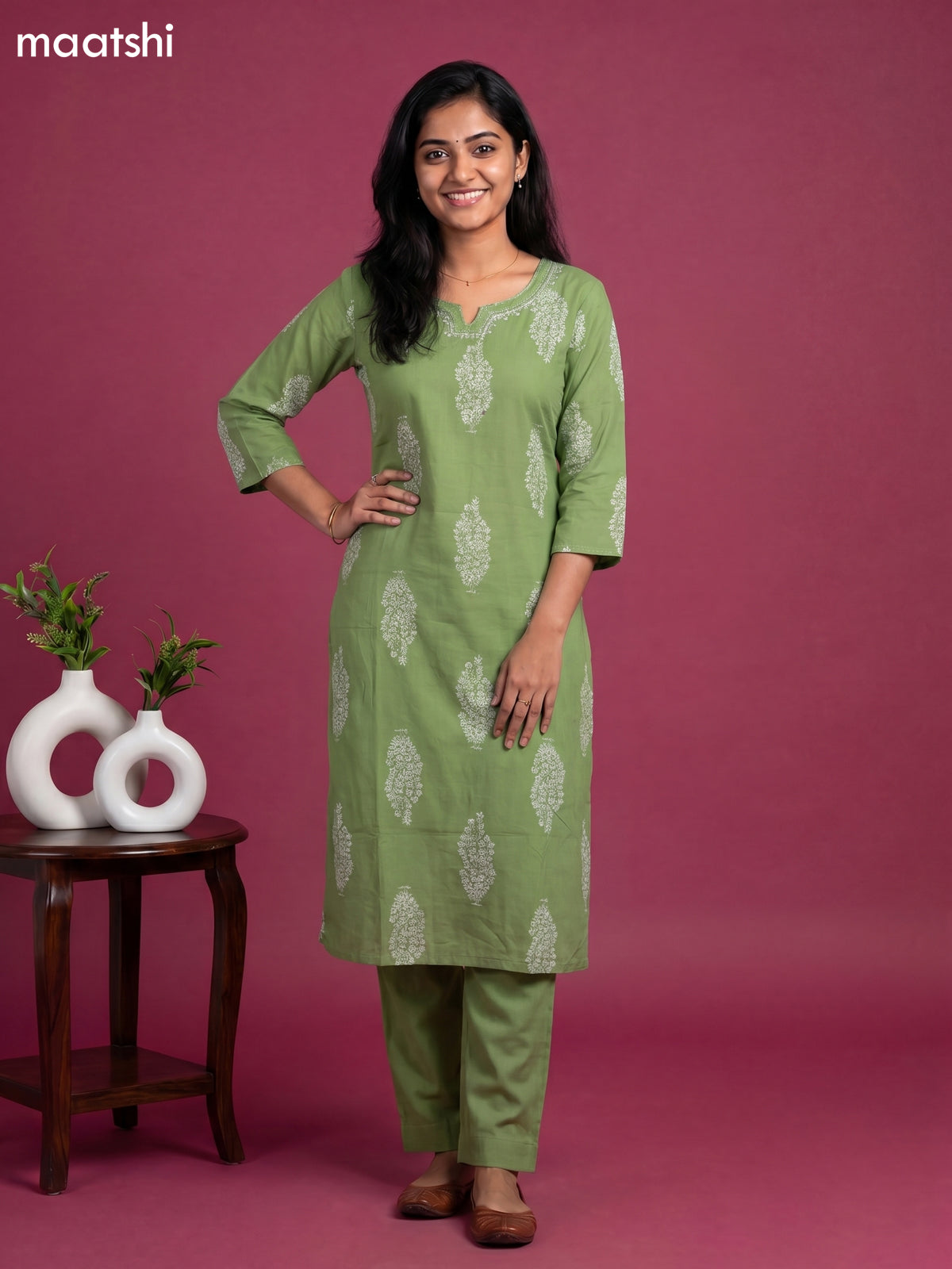 Pastel Green Cotton Floral Printed Straight Suit