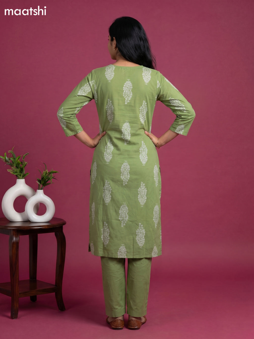 Pastel Green Cotton Floral Printed Straight Suit