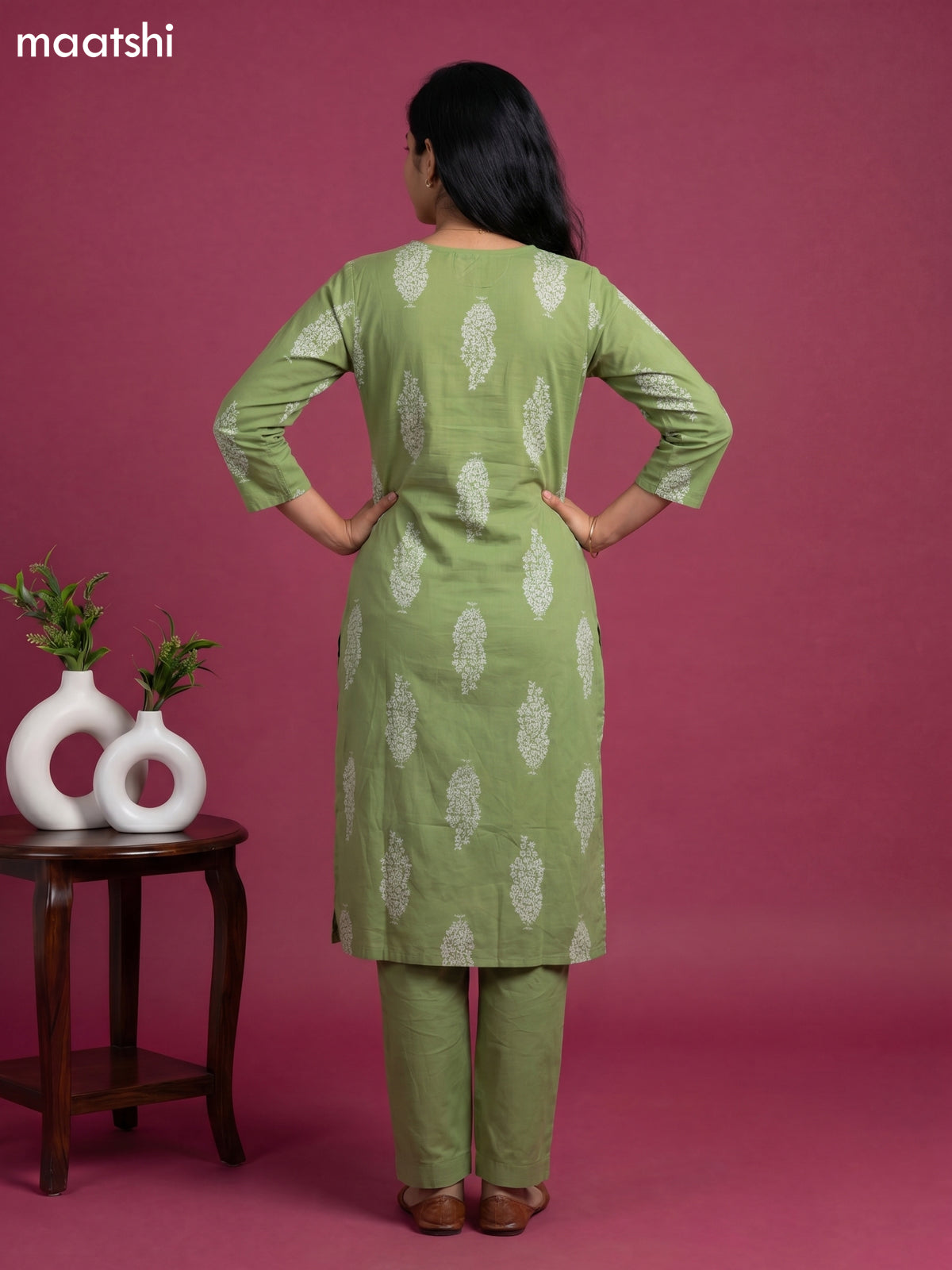 Pastel Green Cotton Floral Printed Straight Suit