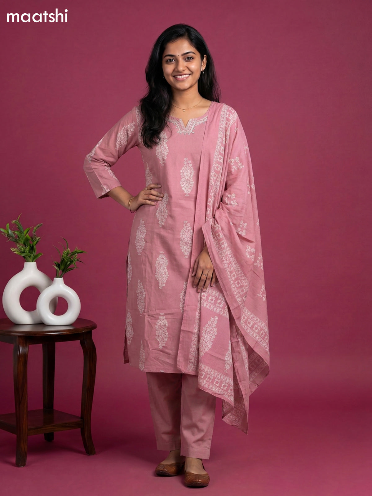 Pink Cotton Floral Printed Straight Suits