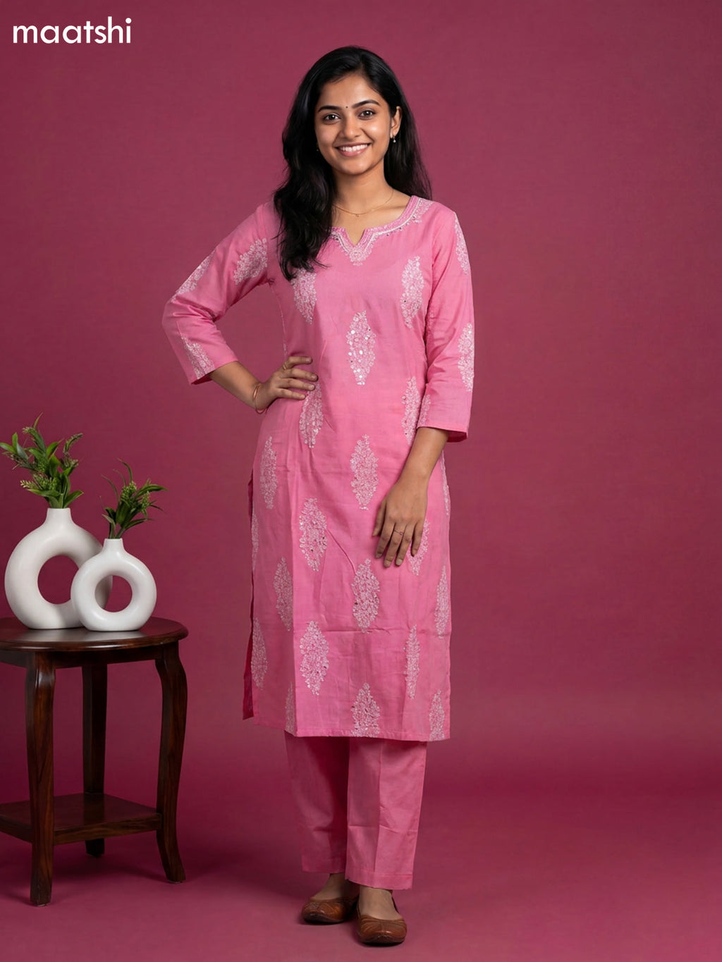 Pink Cotton Floral Printed Straight Suits