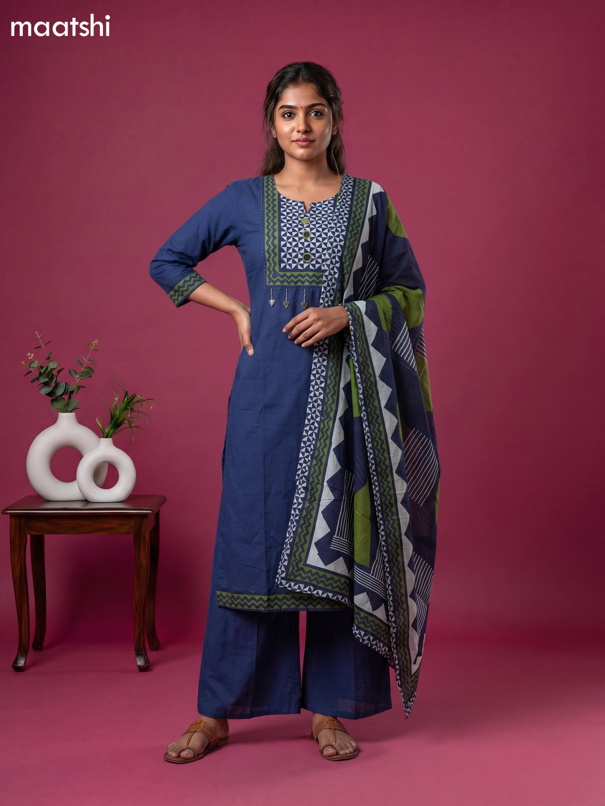 Navy Blue and Green Cotton Embroidery Work Straight Suit