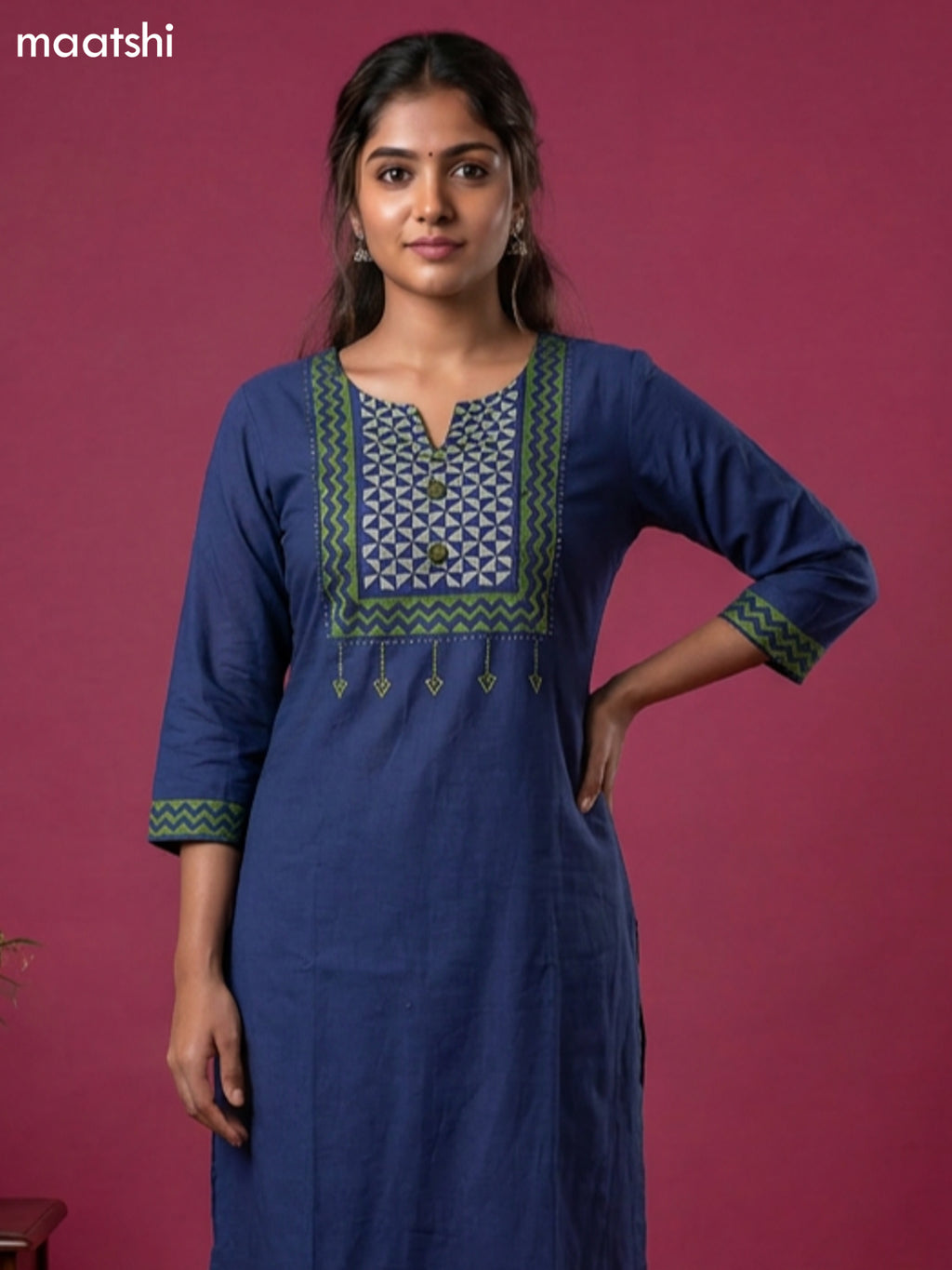 Navy Blue and Green Cotton Embroidery Work Straight Suit