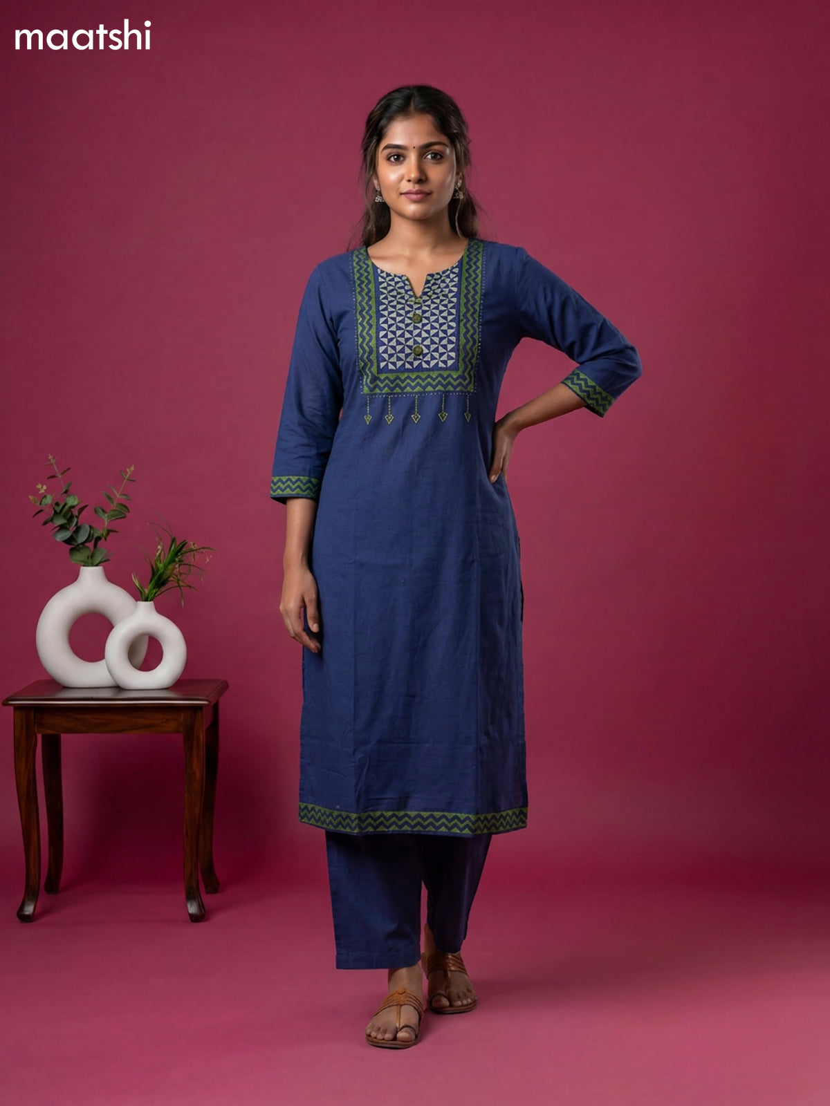 Navy Blue and Green Cotton Embroidery Work Straight Suit