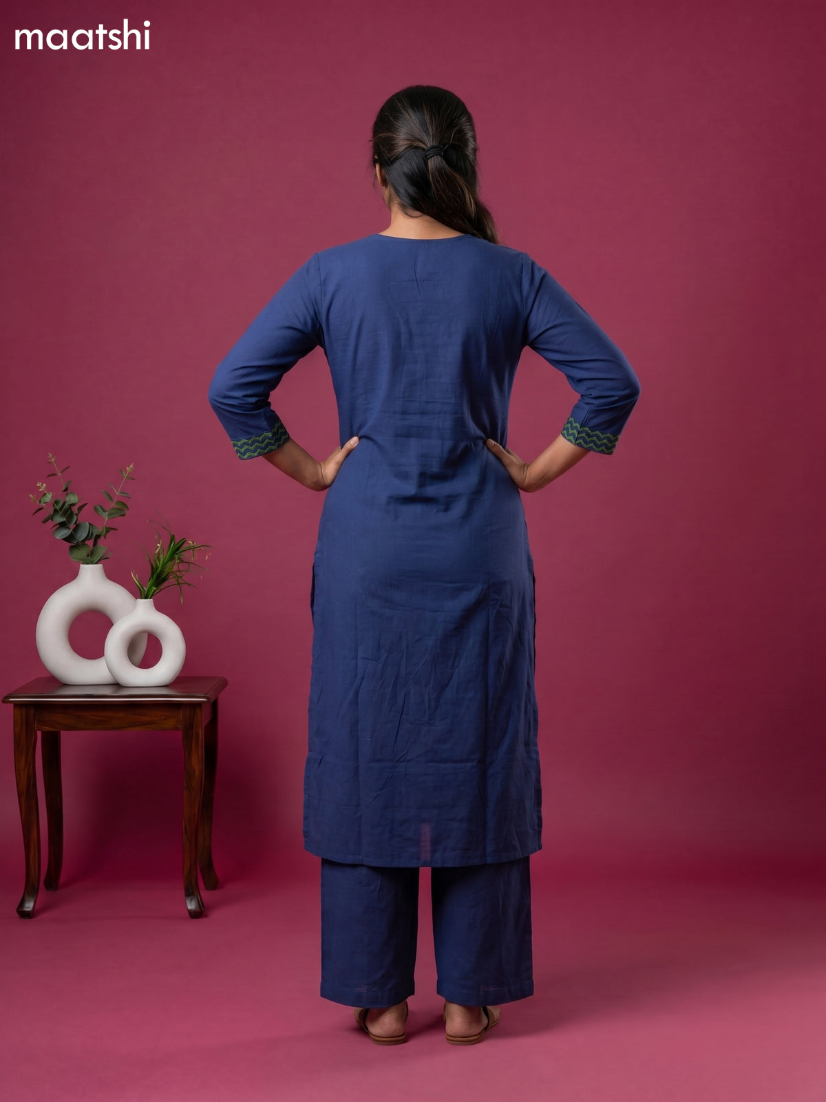Navy Blue and Green Cotton Embroidery Work Straight Suit