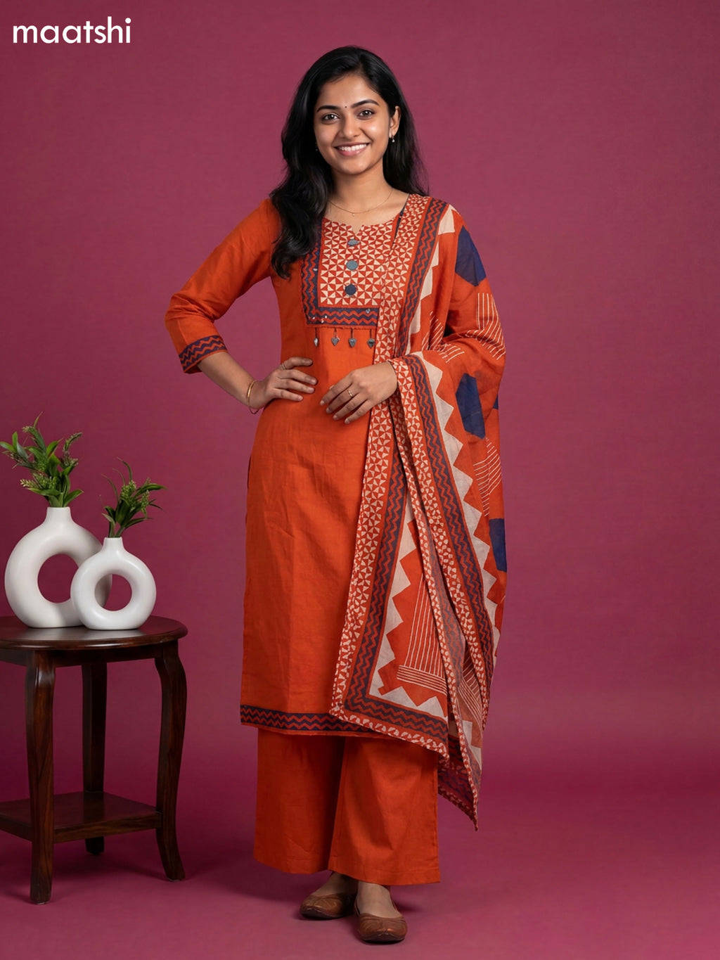 Rust Orange and Blue Cotton Embroidery Work Straight Suit