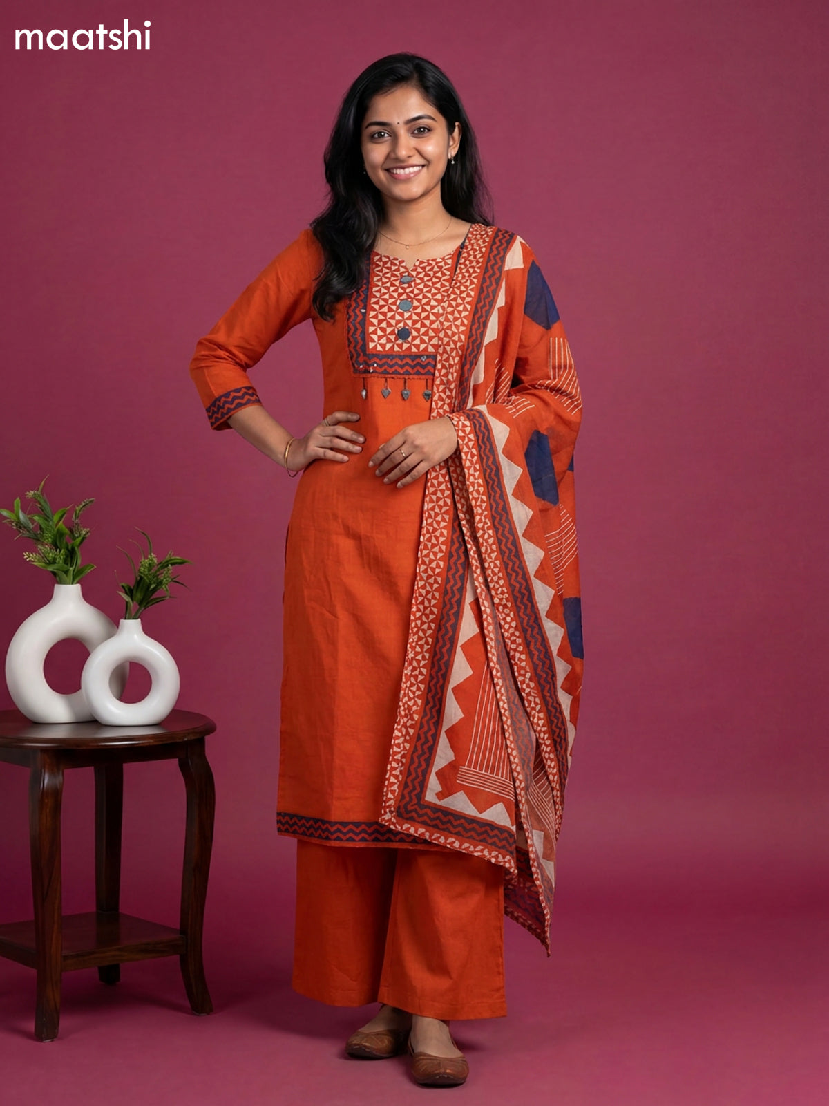 Rust Orange and Blue Cotton Embroidery Work Straight Suit