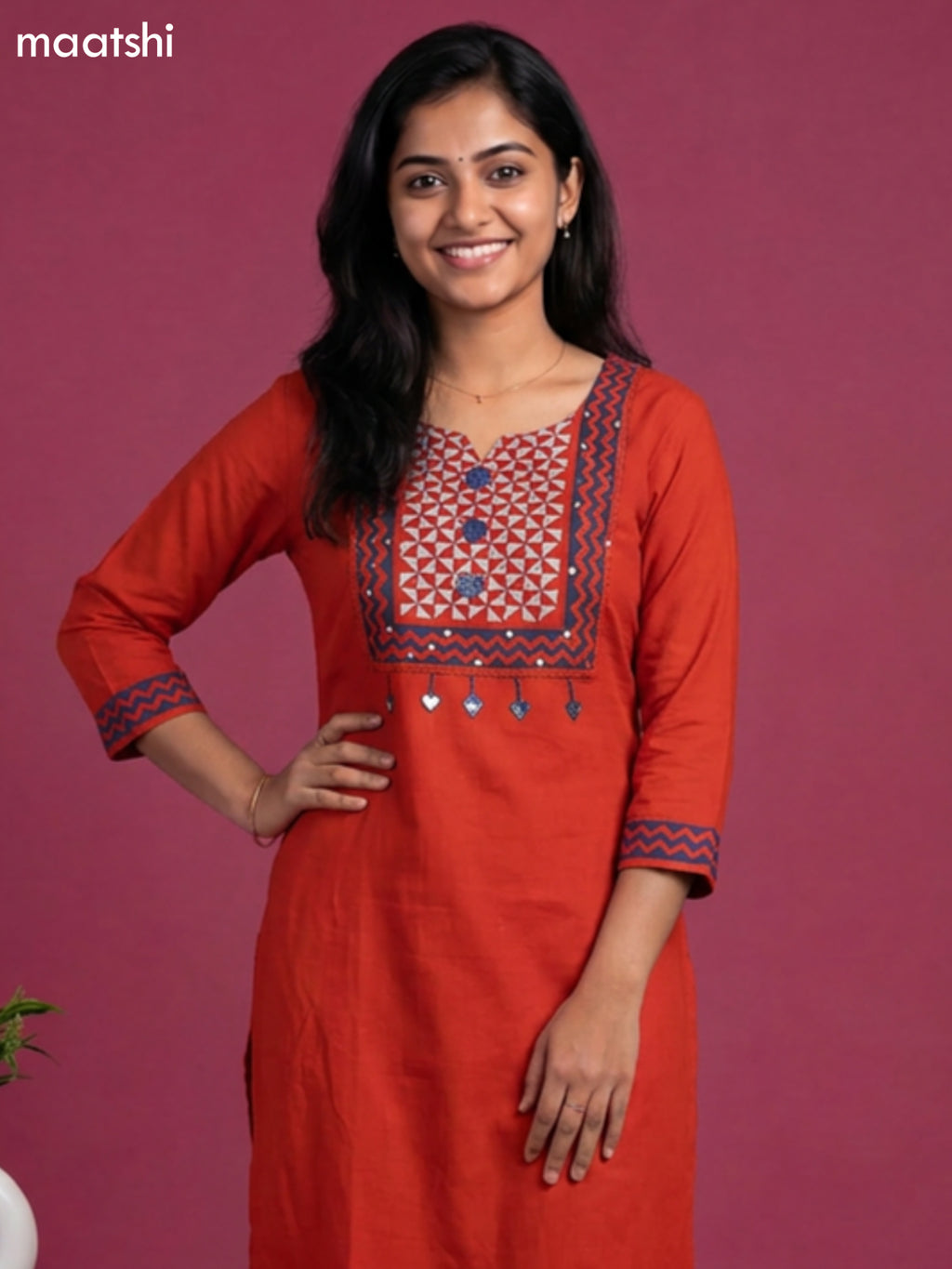 Rust Orange and Blue Cotton Embroidery Work Straight Suit
